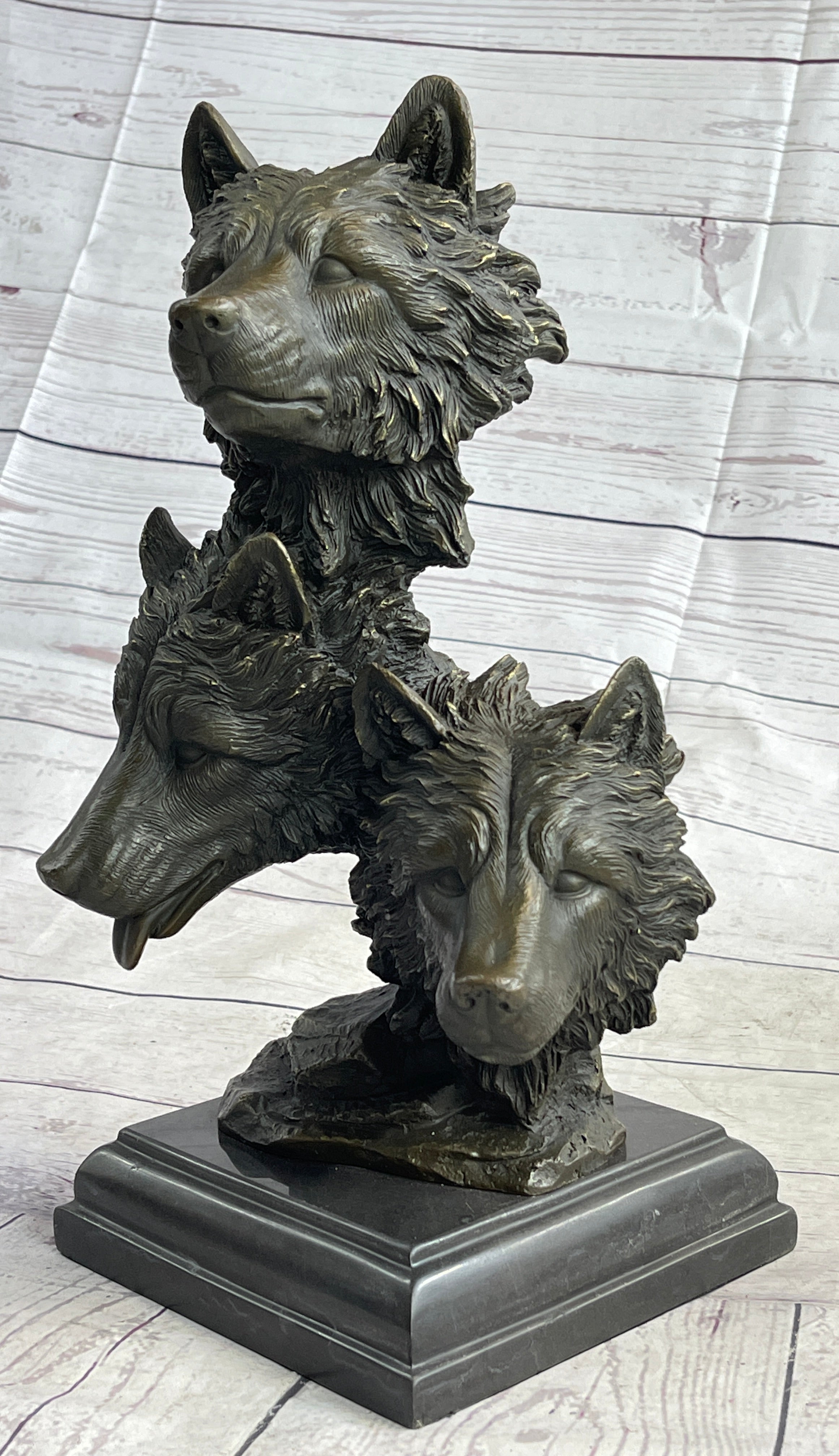 Three Wolves Heads Bronze Wolf Bust on Marble Base 14" x 8"