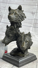 Three Wolves Heads Bronze Wolf Bust on Marble Base 14" x 8"