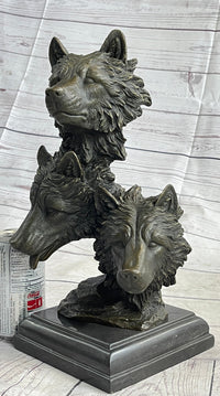 Three Wolves Heads Bronze Wolf Bust on Marble Base 14" x 8"