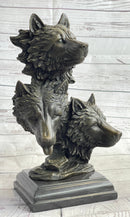 Three Wolves Heads Bronze Wolf Bust on Marble Base 14" x 8"