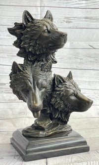 Three Wolves Heads Bronze Wolf Bust on Marble Base 14" x 8"