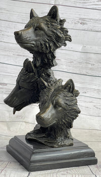Three Wolves Heads Bronze Wolf Bust on Marble Base 14" x 8"