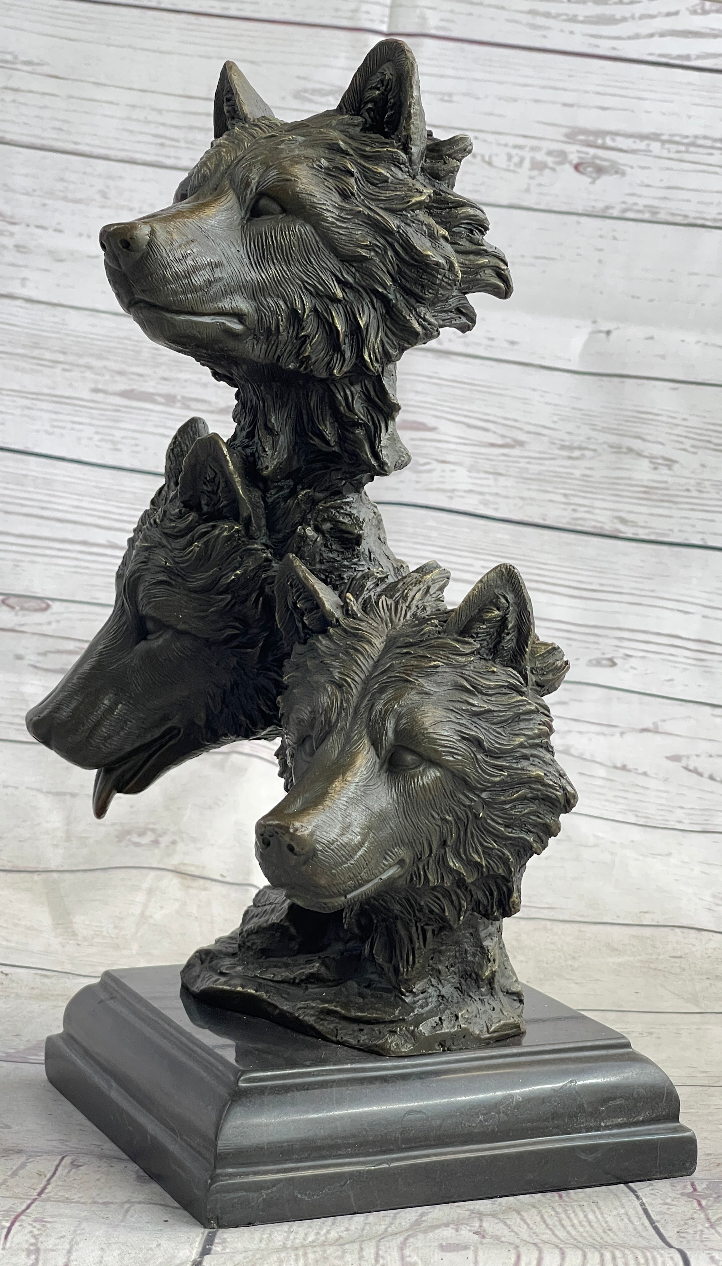 Three Wolves Heads Bronze Wolf Bust on Marble Base 14" x 8"
