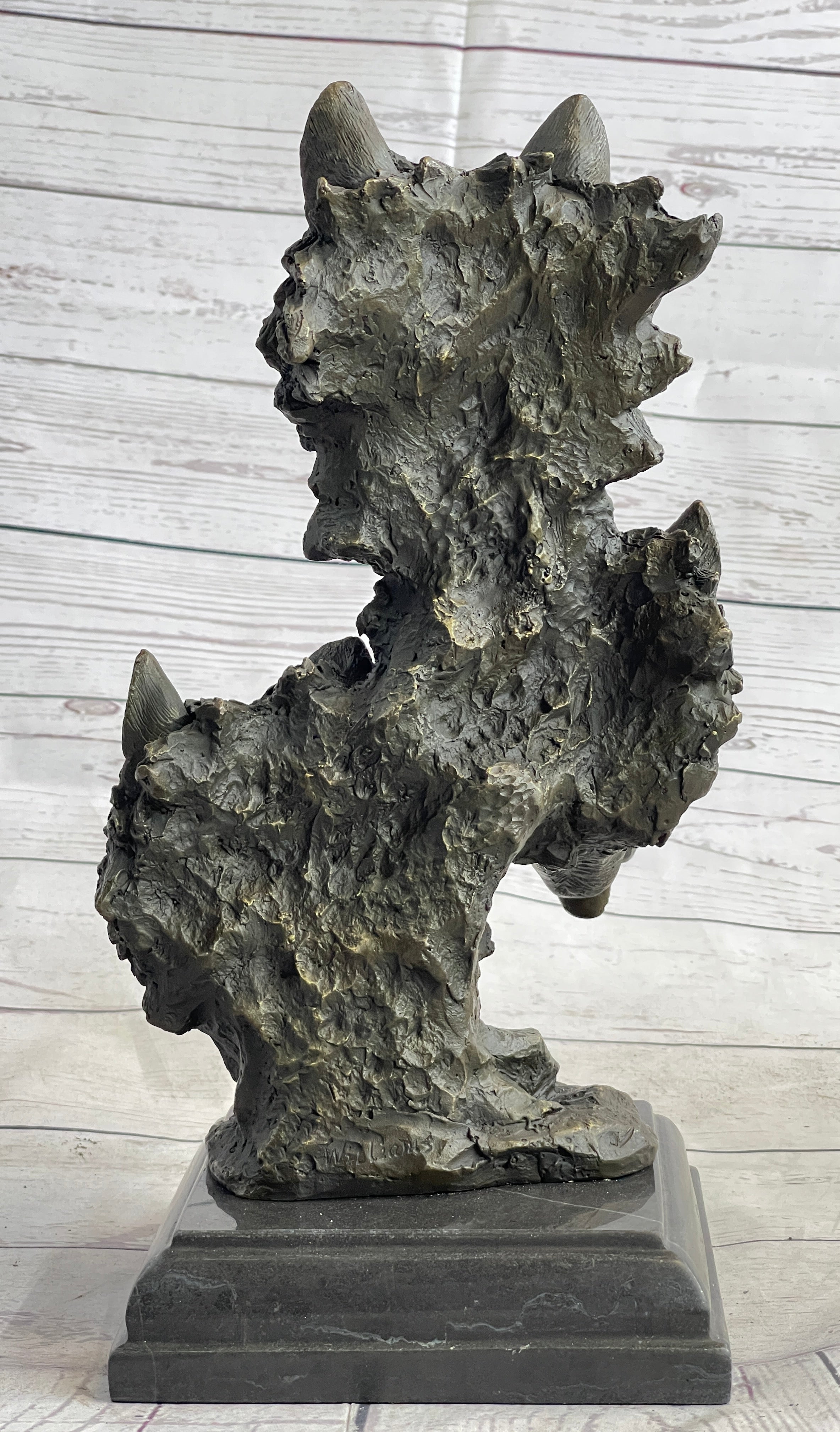 Three Wolves Heads Bronze Wolf Bust on Marble Base 14" x 8"