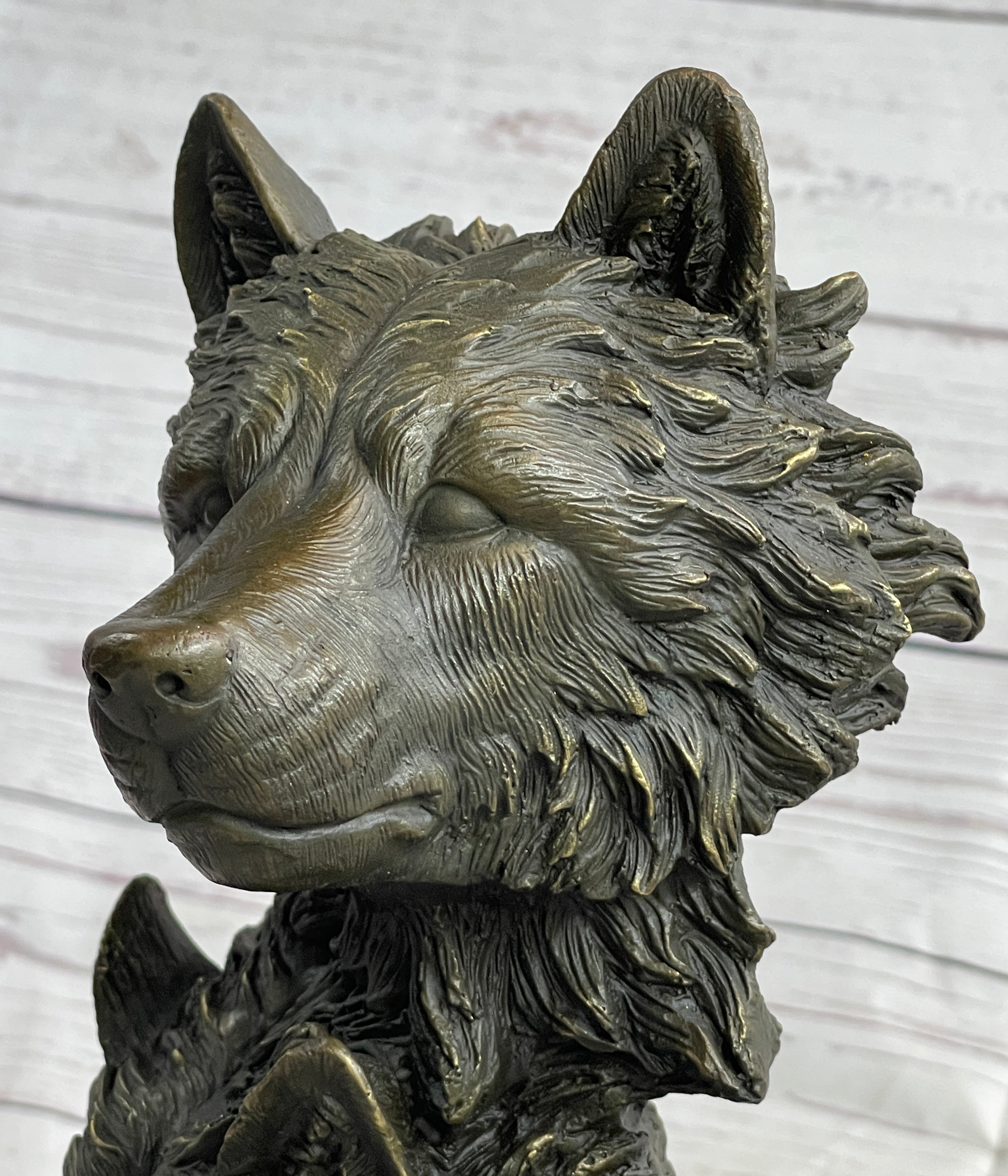 Three Wolves Heads Bronze Wolf Bust on Marble Base 14" x 8"