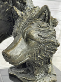 Three Wolves Heads Bronze Wolf Bust on Marble Base 14" x 8"