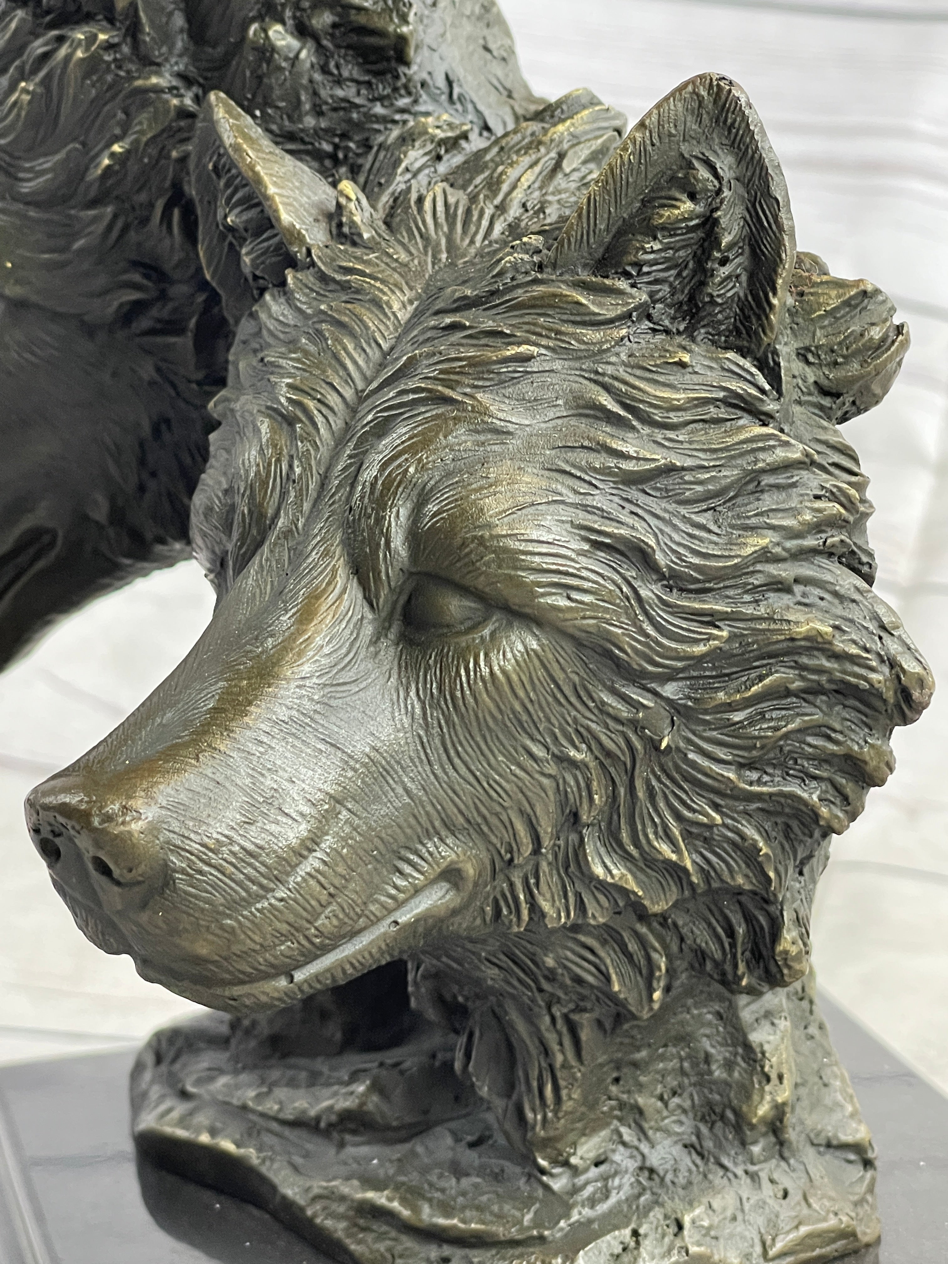Three Wolves Heads Bronze Wolf Bust on Marble Base 14" x 8"