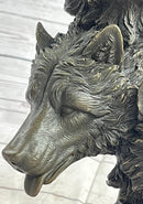 Three Wolves Heads Bronze Wolf Bust on Marble Base 14" x 8"