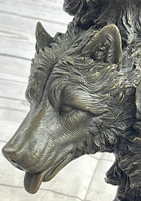 Three Wolves Heads Bronze Wolf Bust on Marble Base 14" x 8"