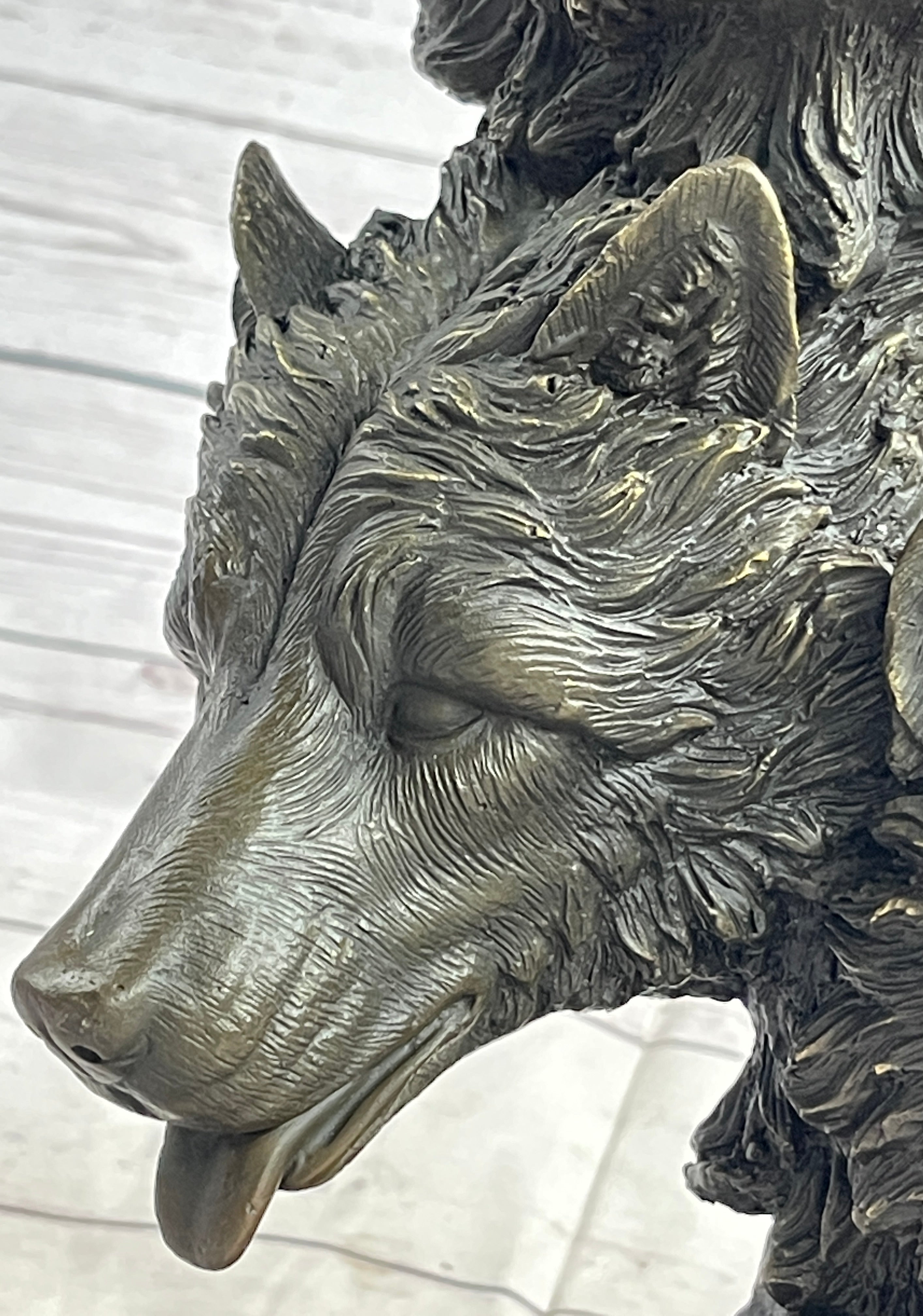 Three Wolves Heads Bronze Wolf Bust on Marble Base 14" x 8"