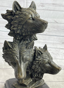 Three Wolves Heads Bronze Wolf Bust on Marble Base 14" x 8"