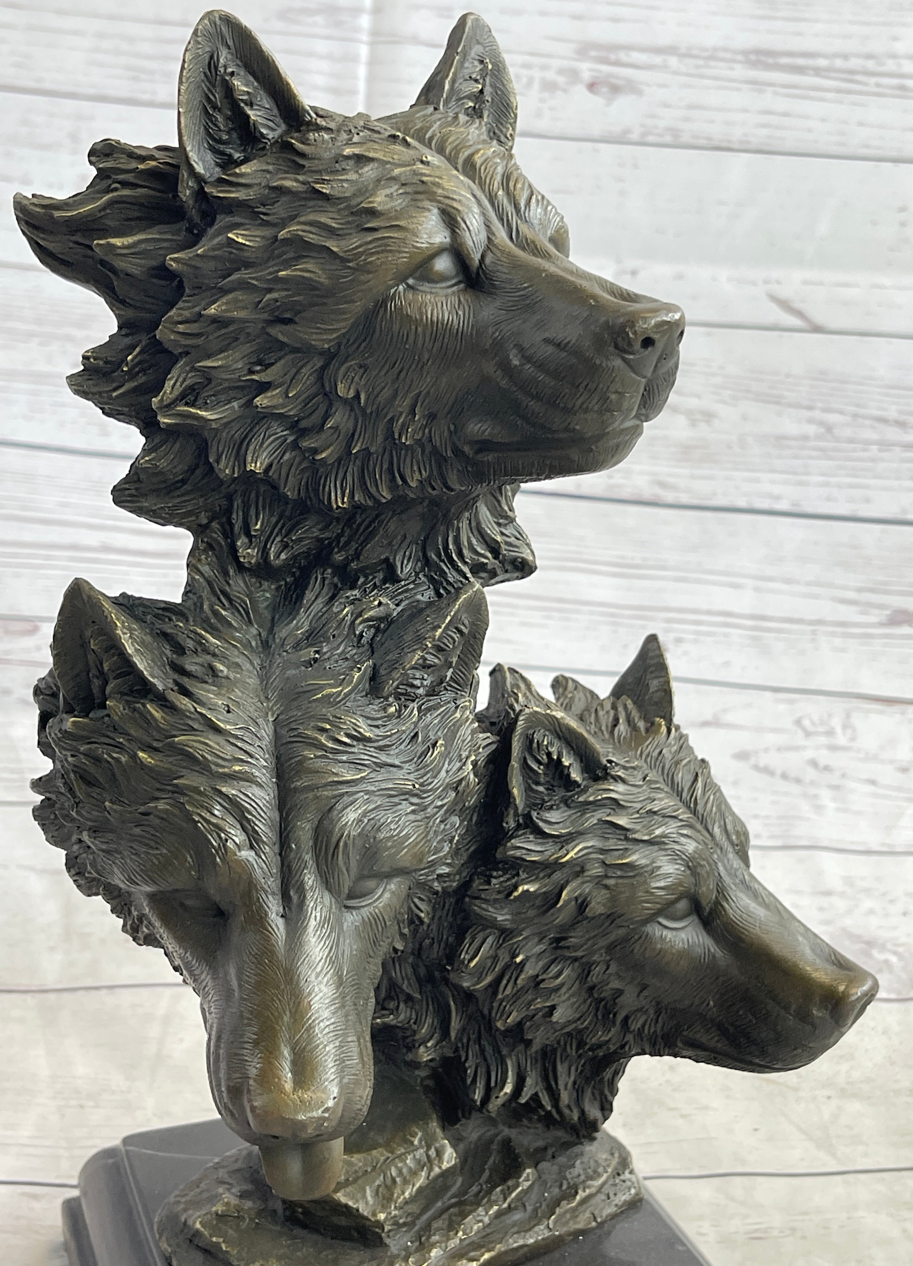 Three Wolves Heads Bronze Wolf Bust on Marble Base 14" x 8"