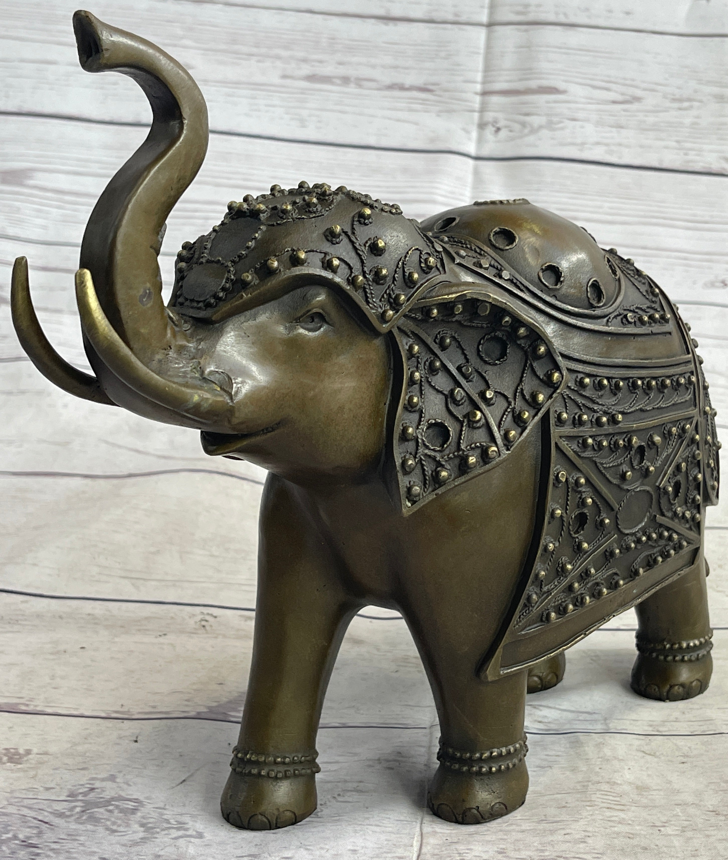 Signed Laughing Elephant Symbol of Luck Bronze Sculpture