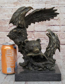 Eagles & Bear Hunting Fish Bronze Sculpture by Milo on Marble