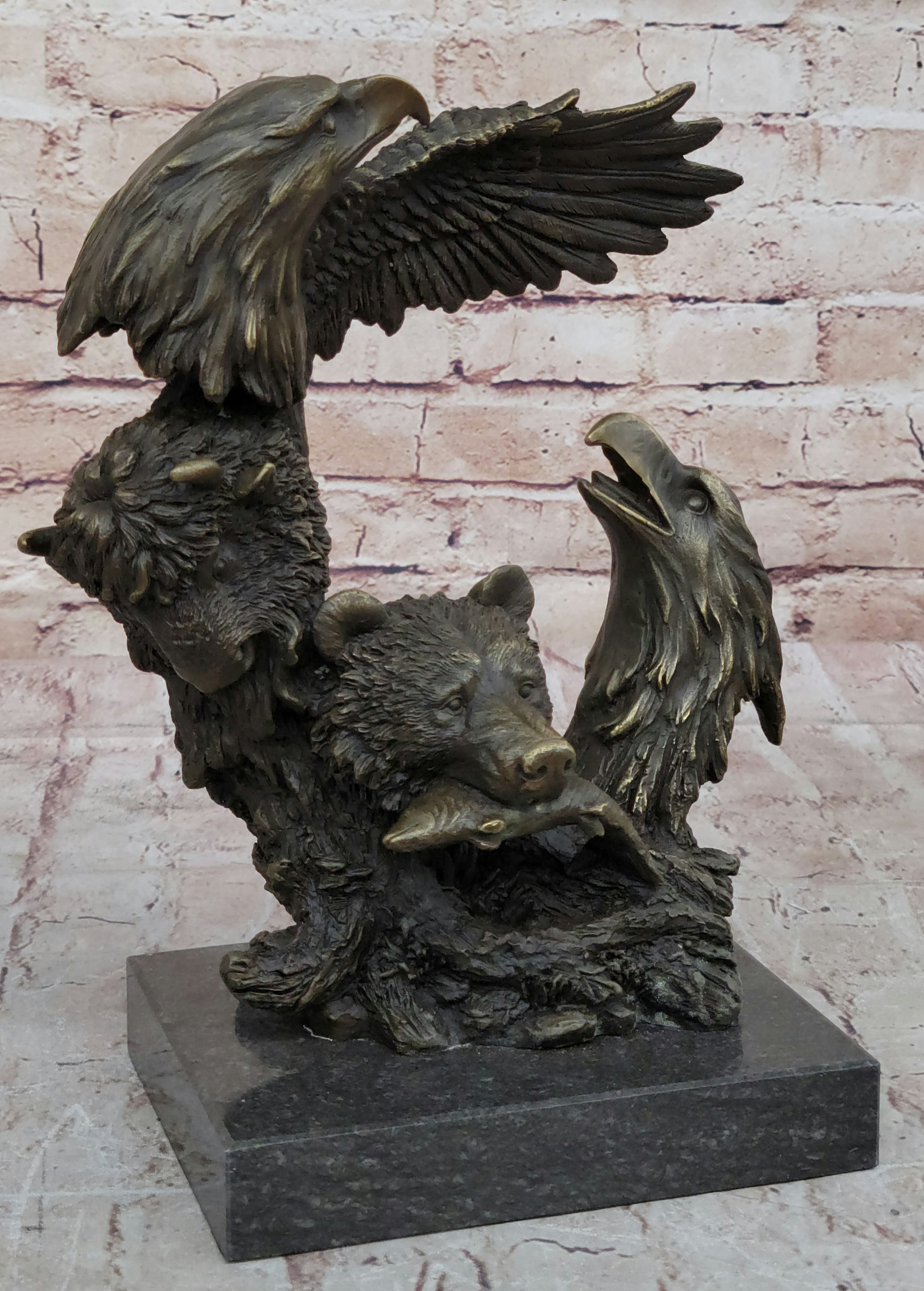 Eagles & Bear Hunting Fish Bronze Sculpture by Milo on Marble