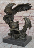 Eagles & Bear Hunting Fish Bronze Sculpture by Milo on Marble