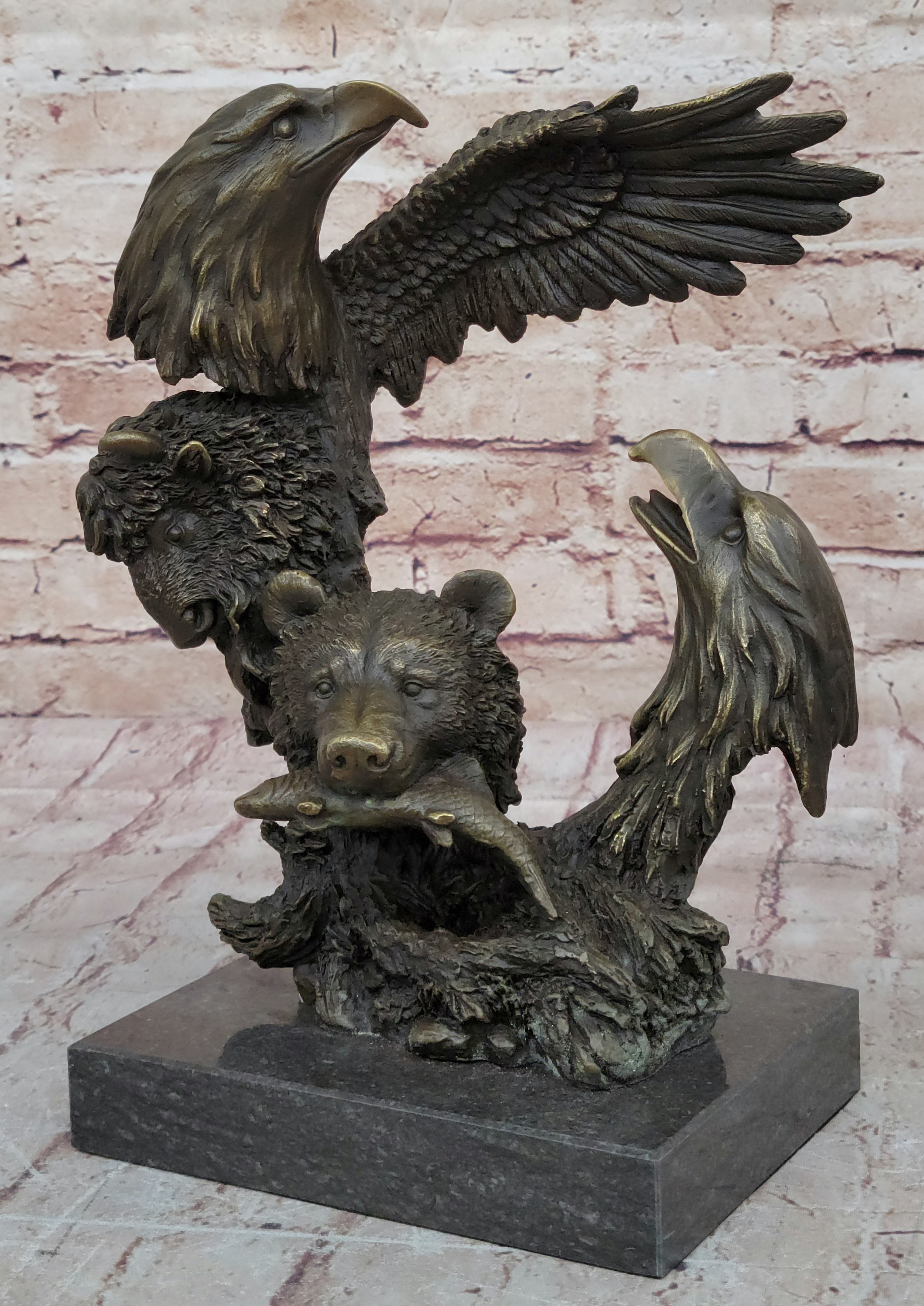 Eagles & Bear Hunting Fish Bronze Sculpture by Milo on Marble