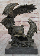 Eagles & Bear Hunting Fish Bronze Sculpture by Milo on Marble