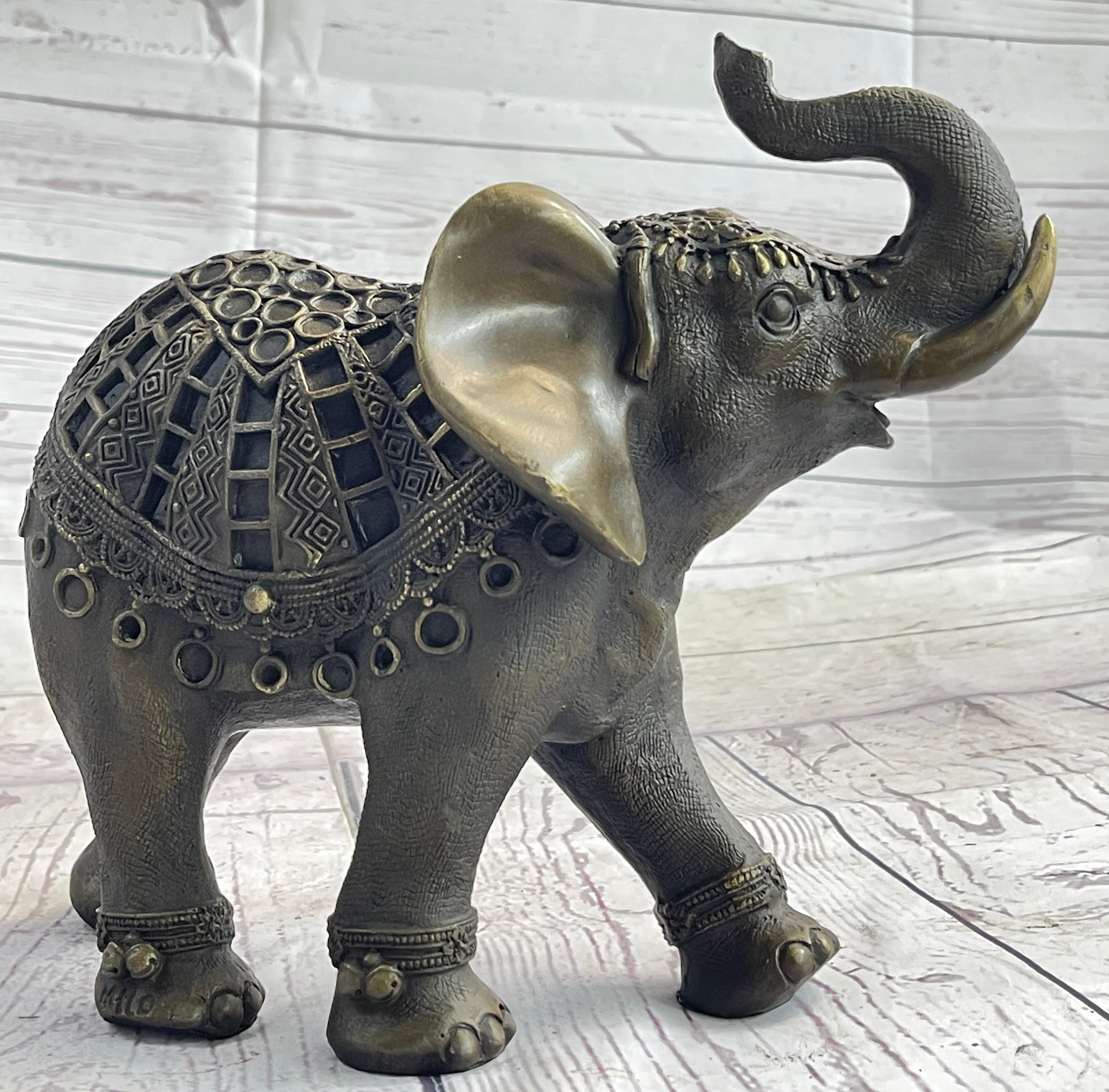 Indian Elephant Bronze Metal Sculpture Signed 8.5" x 12"