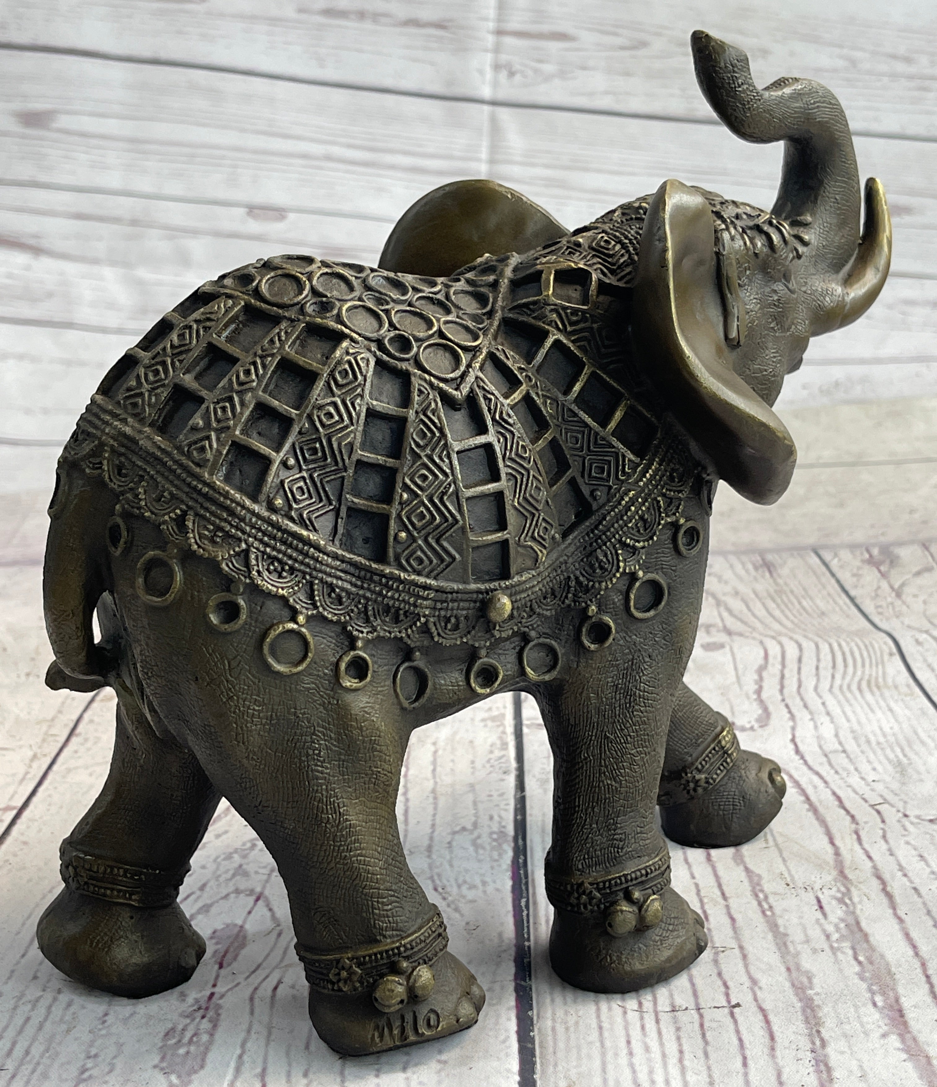 Indian Elephant Bronze Metal Sculpture Signed 8.5" x 12"
