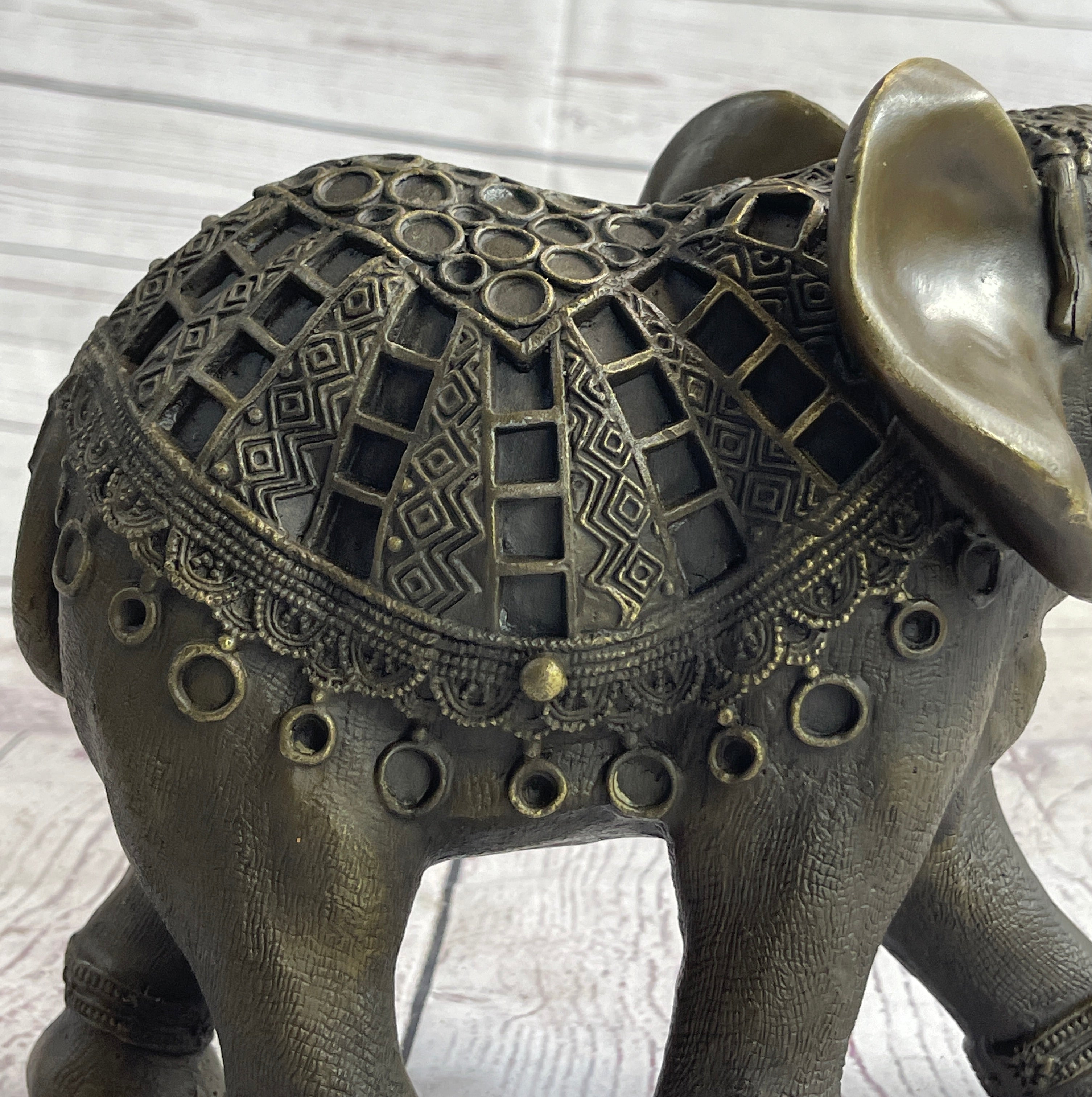 Indian Elephant Bronze Metal Sculpture Signed 8.5" x 12"