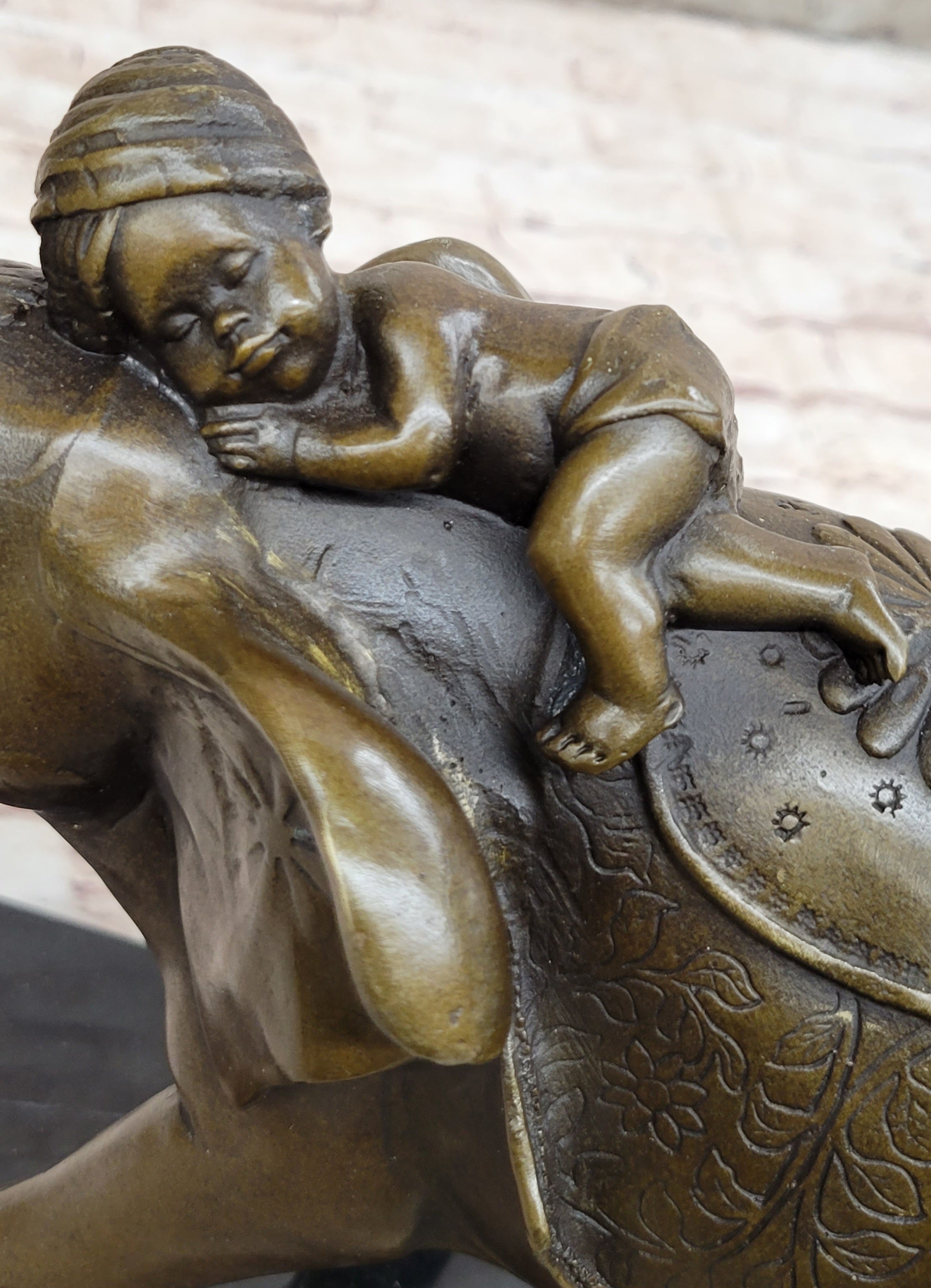 Boy Child Sleeping on Indian Elephant Bronze Sculpture