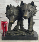 Dual Wolf Bust Two Wolves Bronze Metal Signed