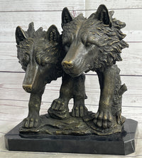 Dual Wolf Bust Two Wolves Bronze Metal Signed