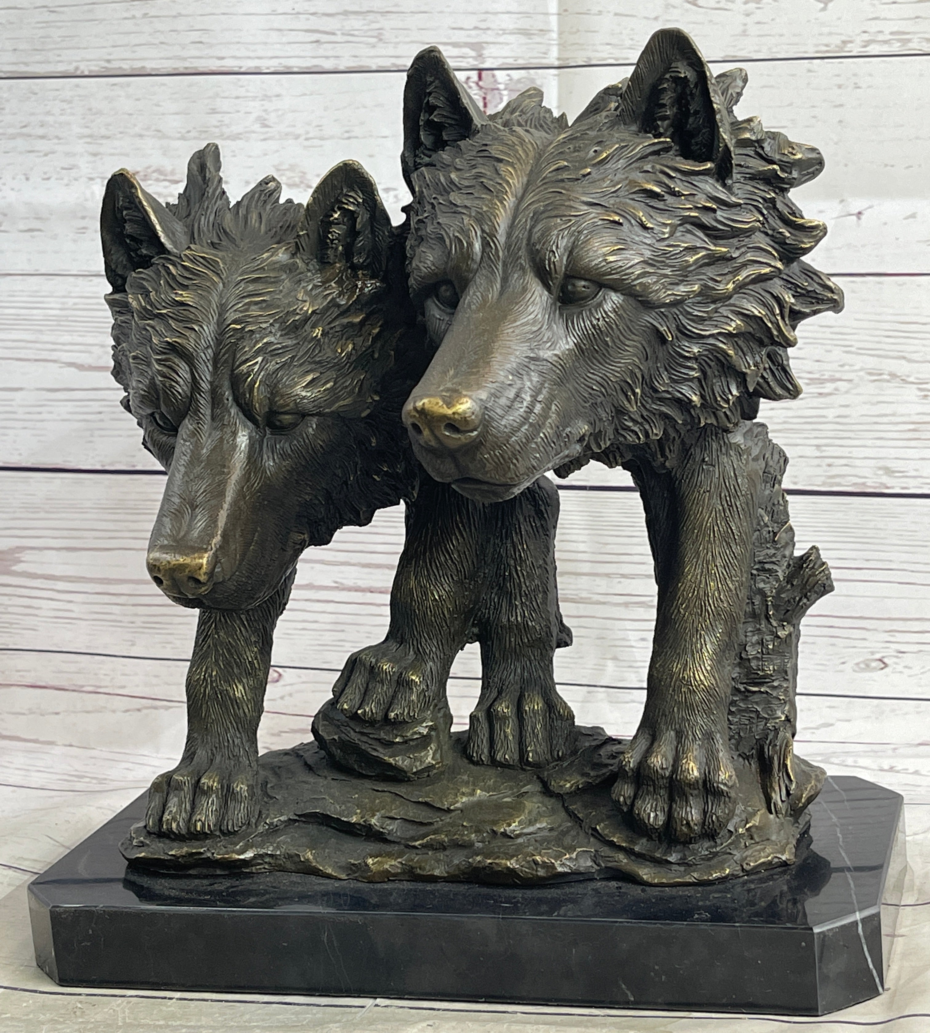 Dual Wolf Bust Two Wolves Bronze Metal Signed