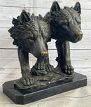 Dual Wolf Bust Two Wolves Bronze Metal Signed