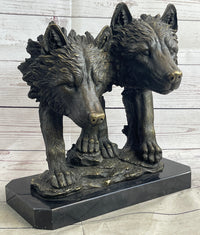 Dual Wolf Bust Two Wolves Bronze Metal Signed