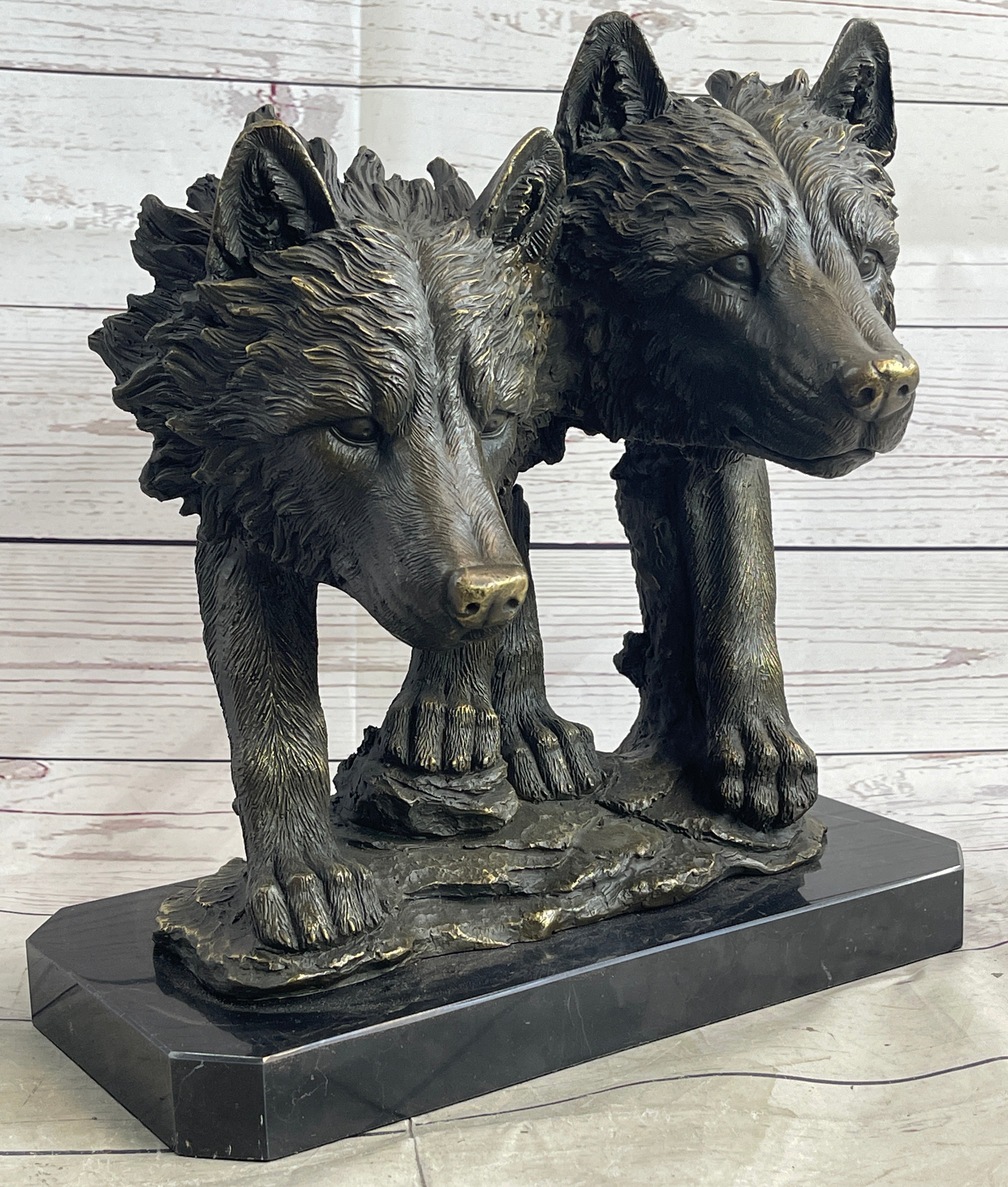 Dual Wolf Bust Two Wolves Bronze Metal Signed