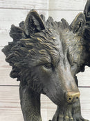 Dual Wolf Bust Two Wolves Bronze Metal Signed