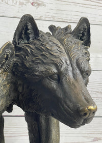 Dual Wolf Bust Two Wolves Bronze Metal Signed