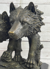 Dual Wolf Bust Two Wolves Bronze Metal Signed