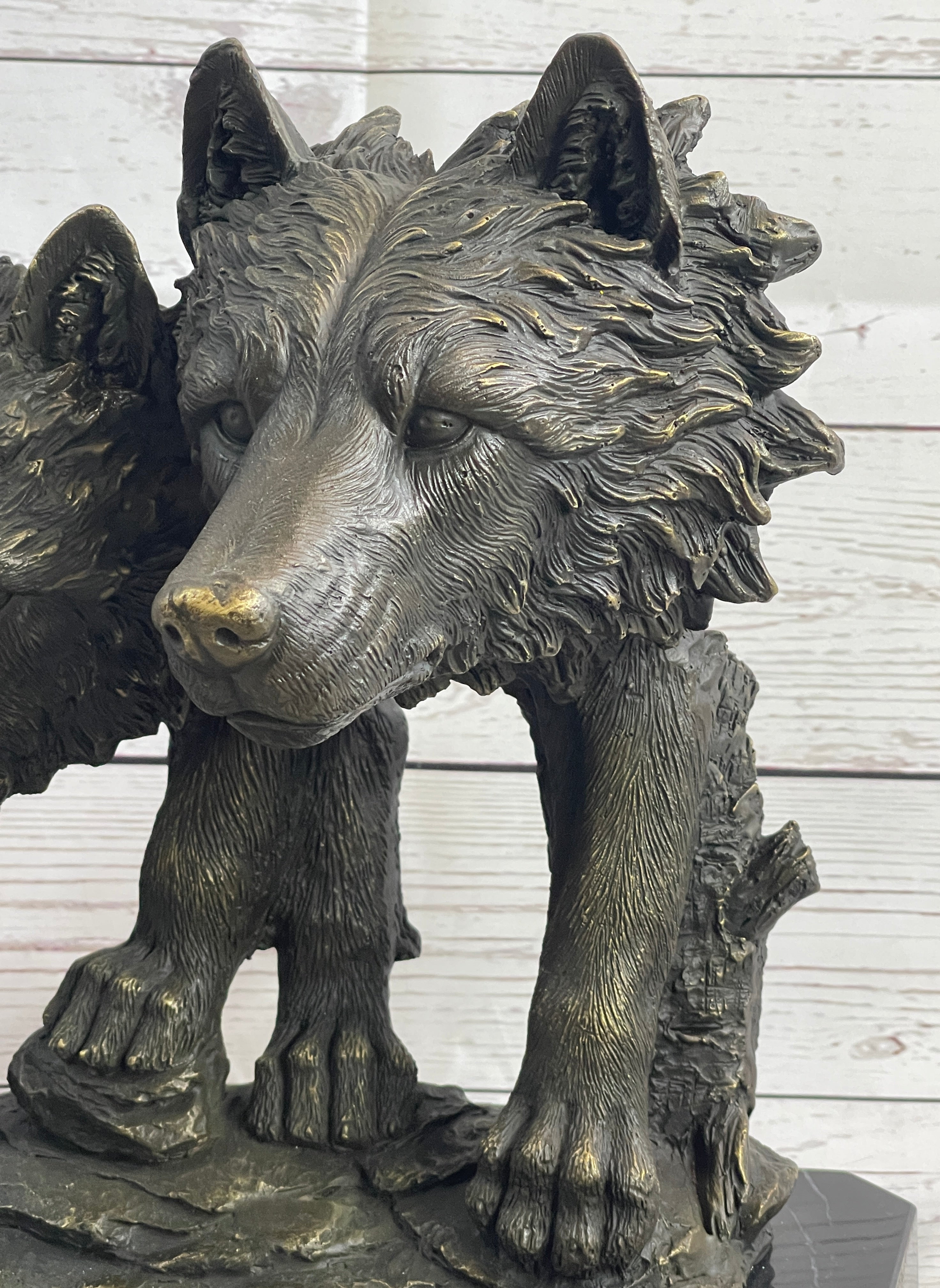 Dual Wolf Bust Two Wolves Bronze Metal Signed