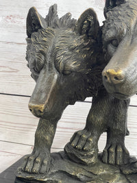 Dual Wolf Bust Two Wolves Bronze Metal Signed