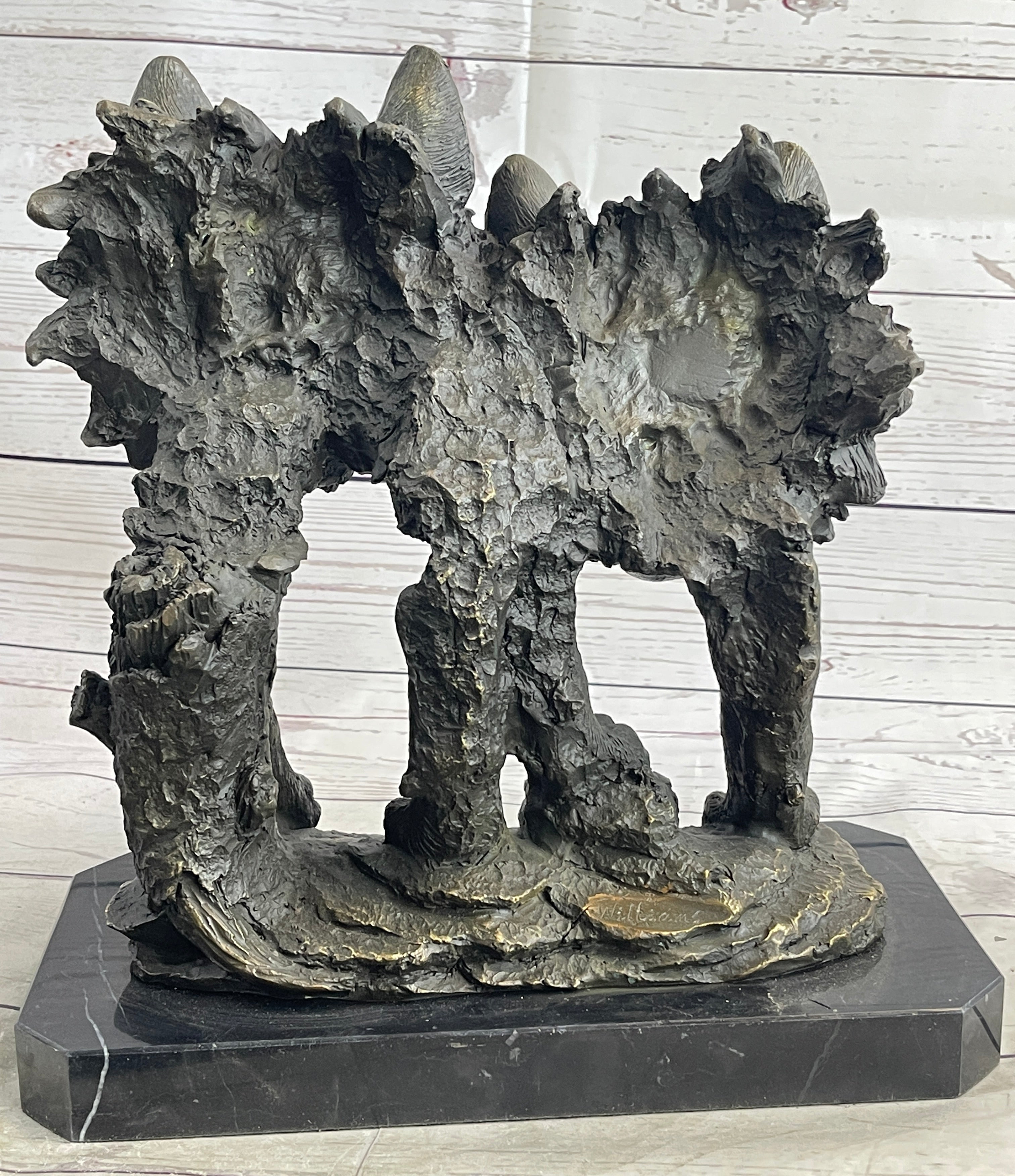 Dual Wolf Bust Two Wolves Bronze Metal Signed