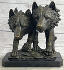Dual Wolf Bust Two Wolves Bronze Metal Signed