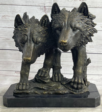 Dual Wolf Bust Two Wolves Bronze Metal Signed