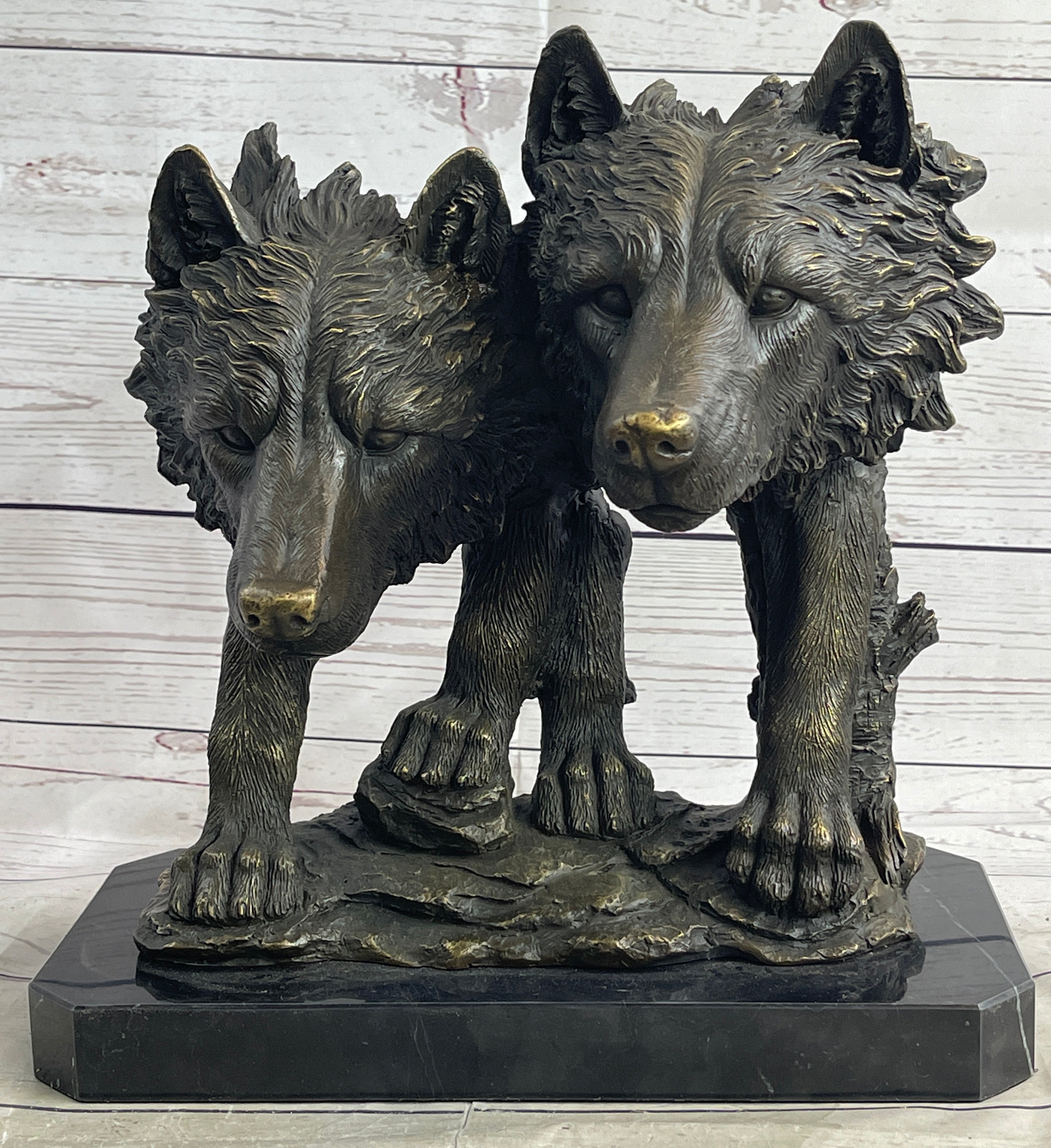 Dual Wolf Bust Two Wolves Bronze Metal Signed