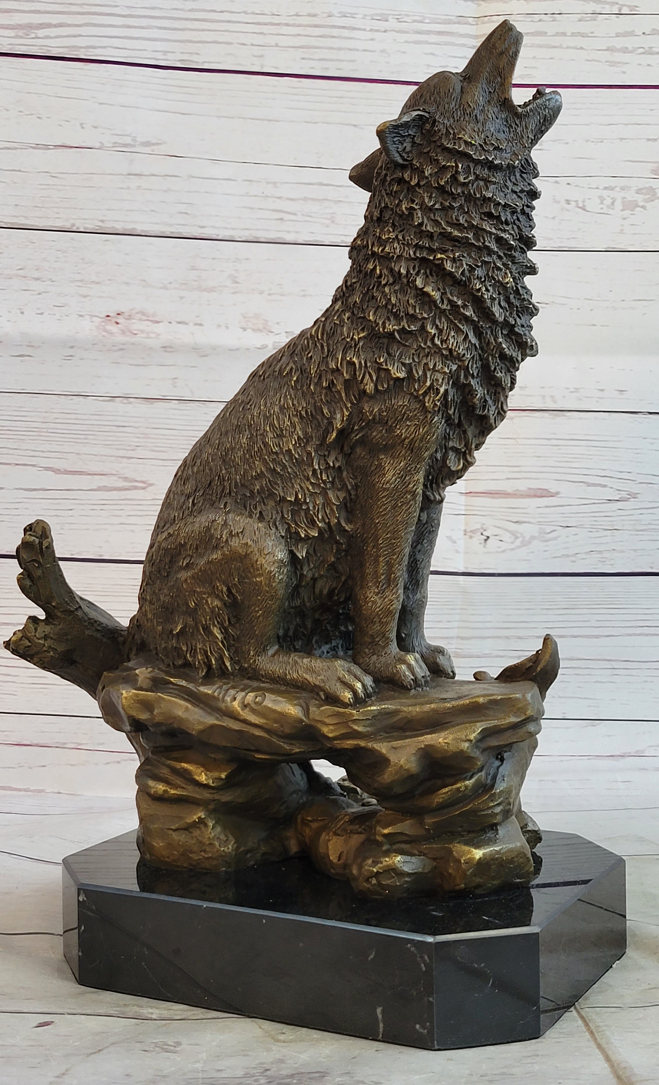 Howling Wolf Bronze Casting on Marble Base by Milo