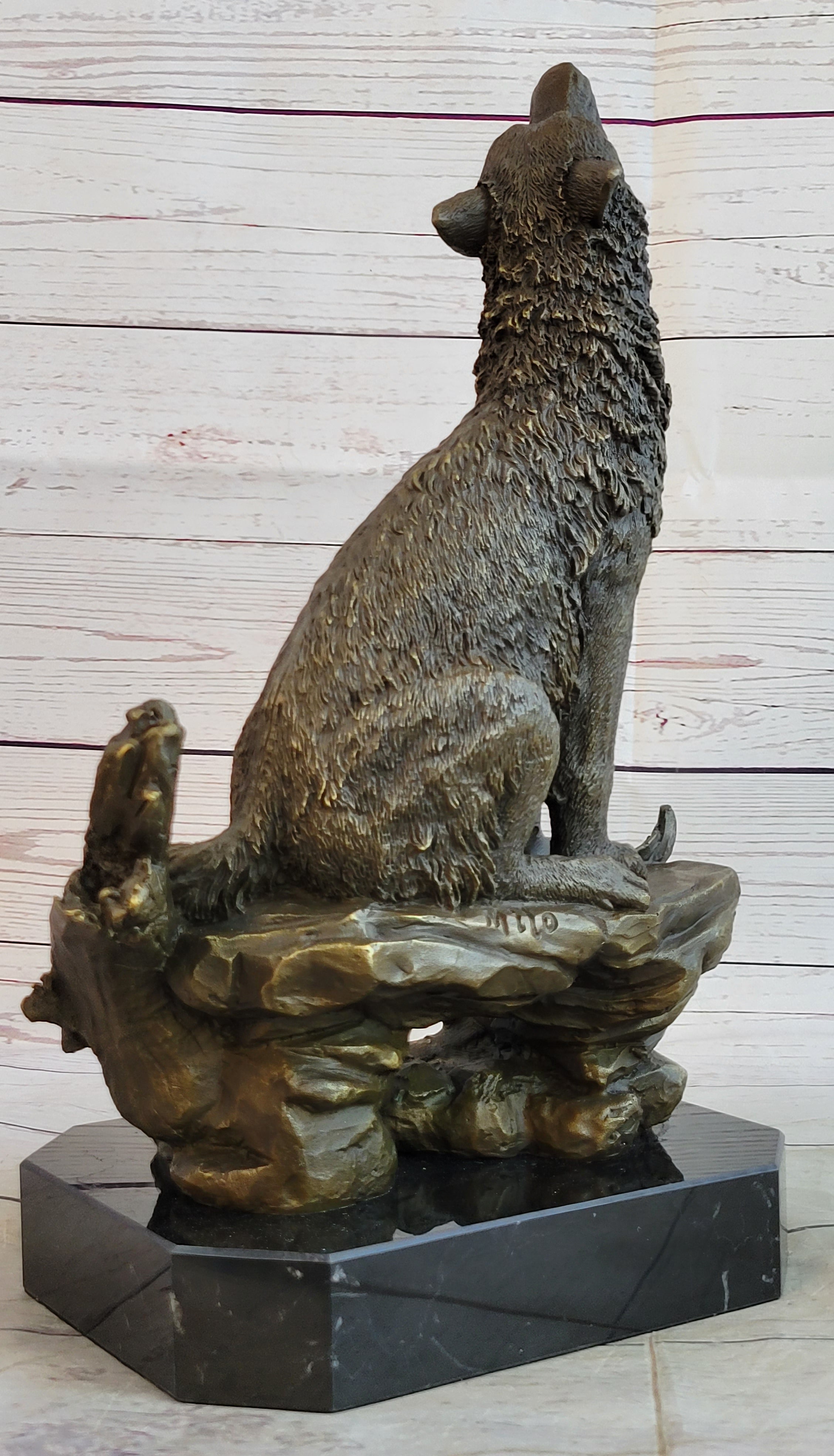 Howling Wolf Bronze Casting on Marble Base by Milo
