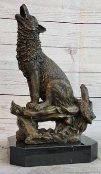 Howling Wolf Bronze Casting on Marble Base by Milo