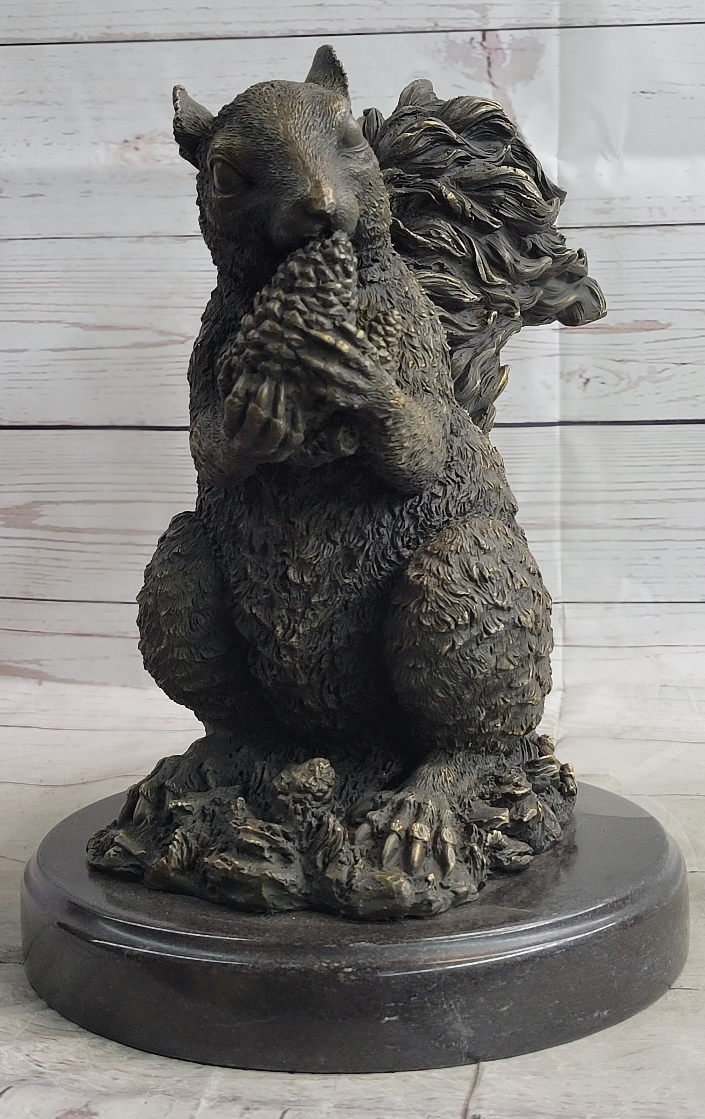 Squirrel Eating an Acorn Bronze Sculpture Marble Base