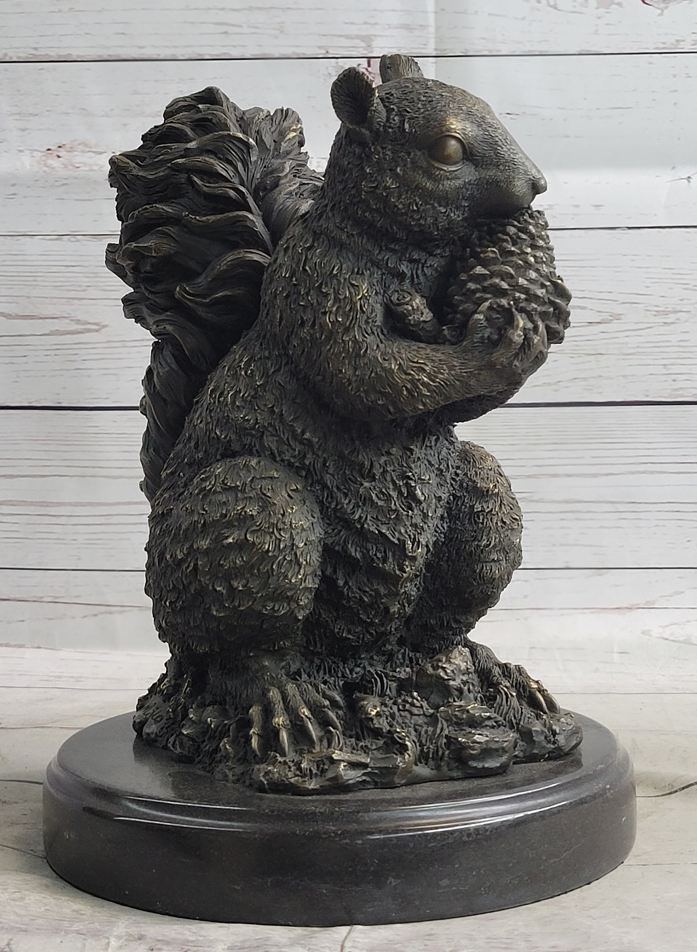 Squirrel Eating an Acorn Bronze Sculpture Marble Base