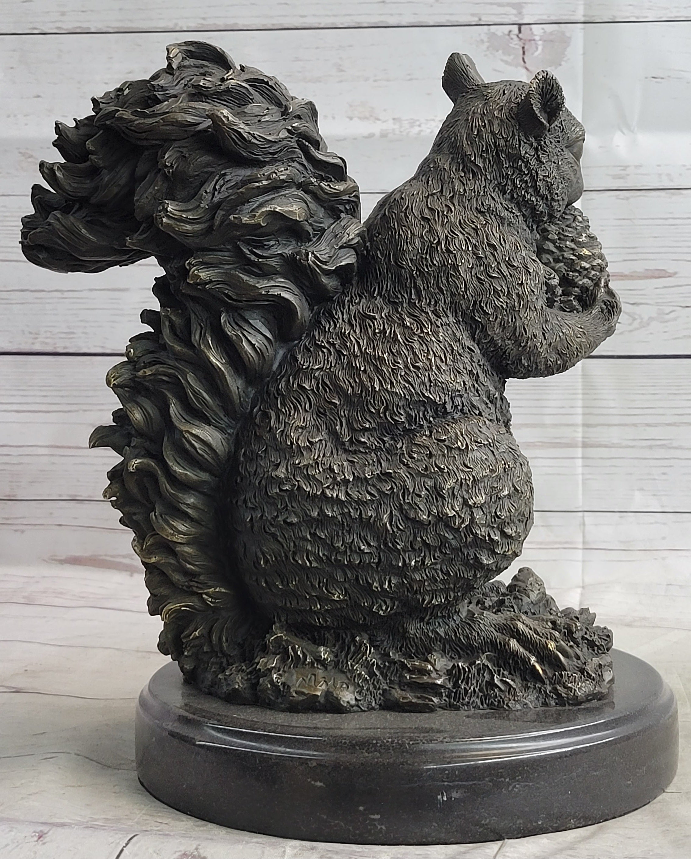 Squirrel Eating an Acorn Bronze Sculpture Marble Base