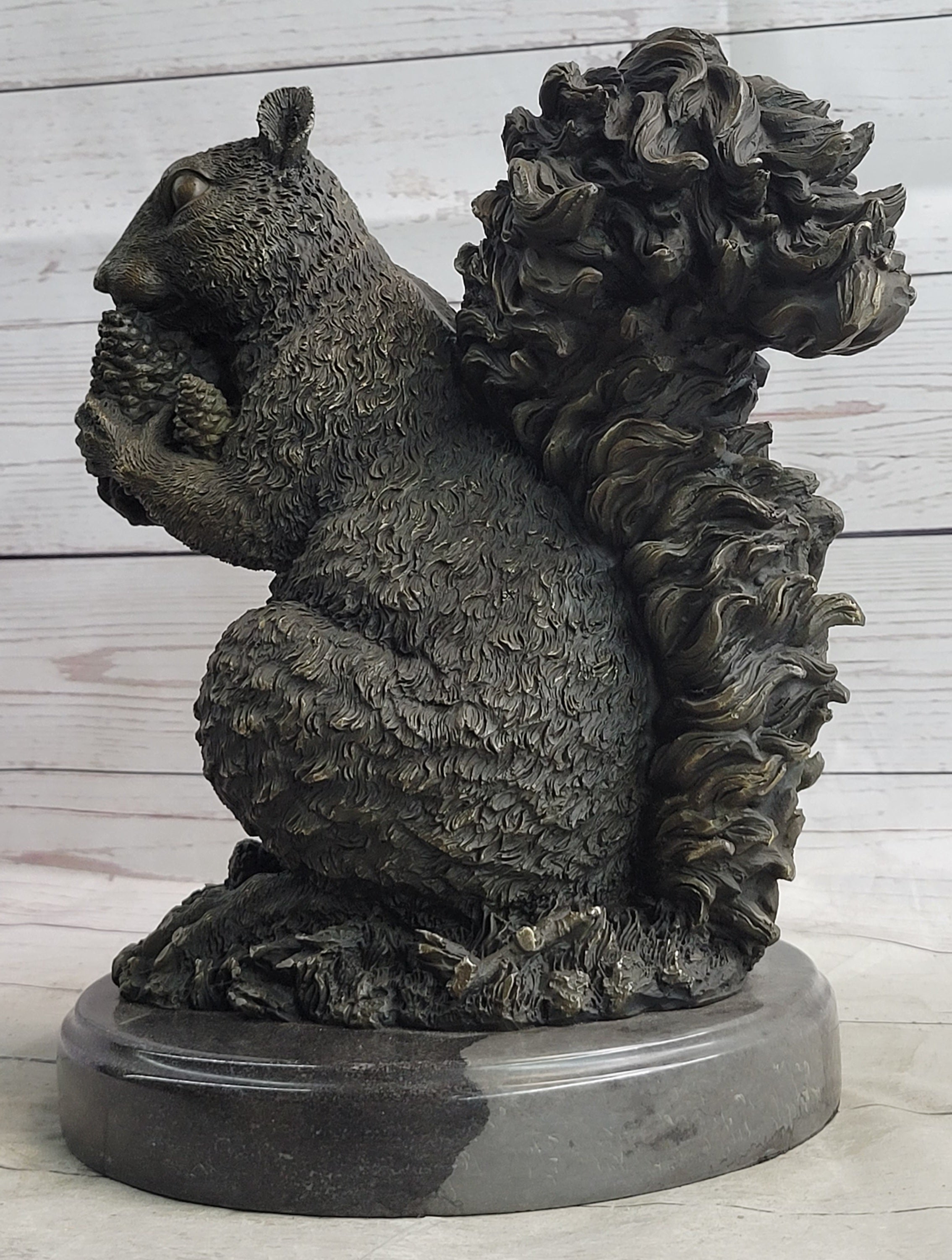 Squirrel Eating an Acorn Bronze Sculpture Marble Base