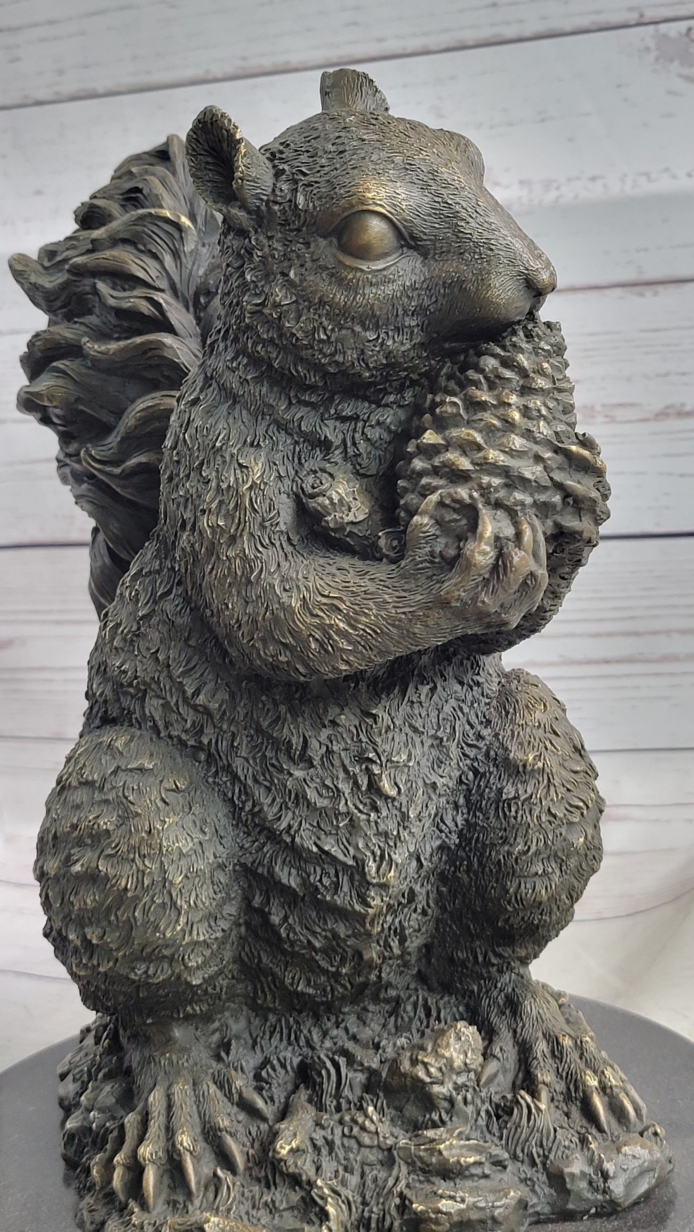 Squirrel Eating an Acorn Bronze Sculpture Marble Base