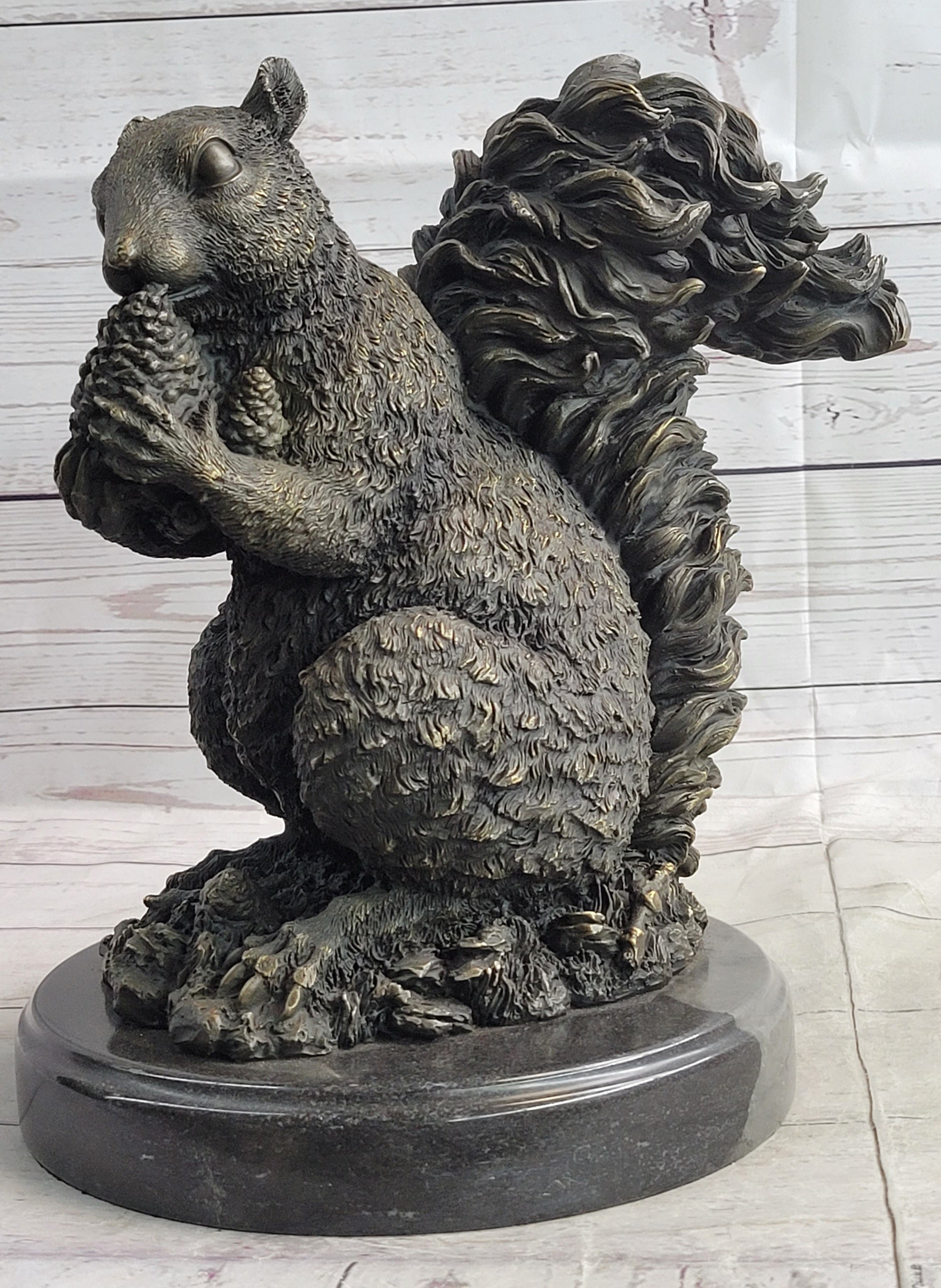 Squirrel Eating an Acorn Bronze Sculpture Marble Base